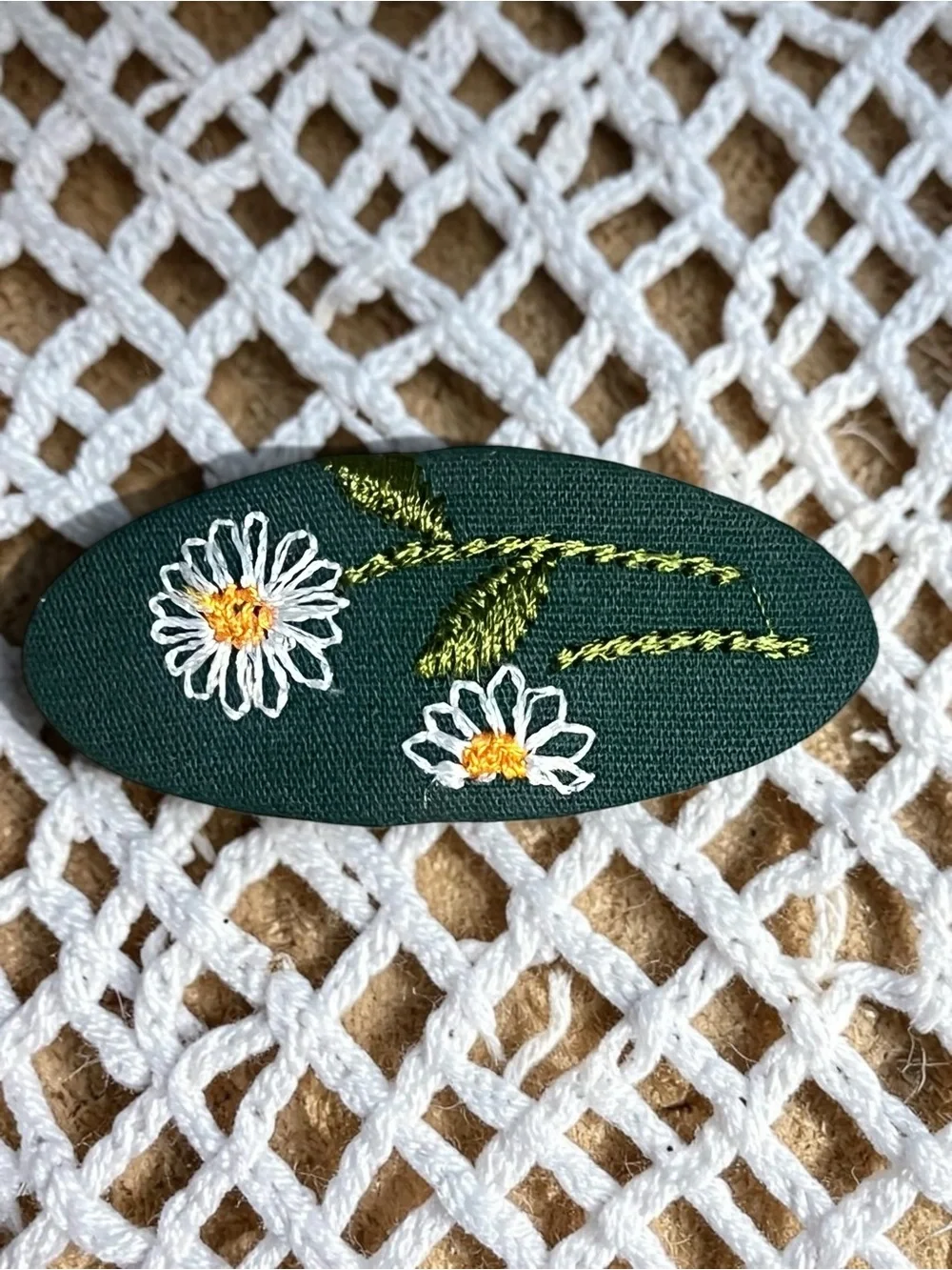 Embroidered Daisy Hair Clip | Forest Green Floral Snap Barrette